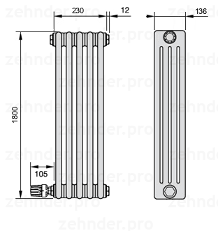 Схема (чертеж) Радиатор Zehnder Charleston 4180/5 №V003 Белый глянцевый RAL 9016